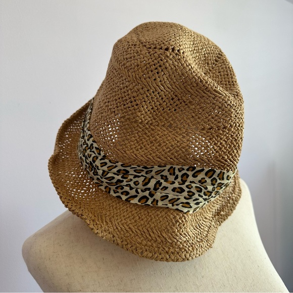 Woven Straw Hat with Attached Leopard Print Scarf - Picture 2 of 6